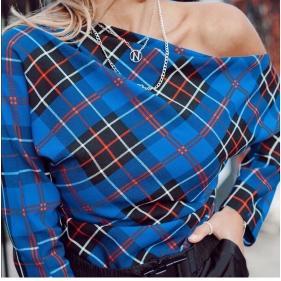 NWT ZARA Asymmetric Plaid Blue Top Size M  🦋Bloggers Favorite🦋 - Picture 12 of 16